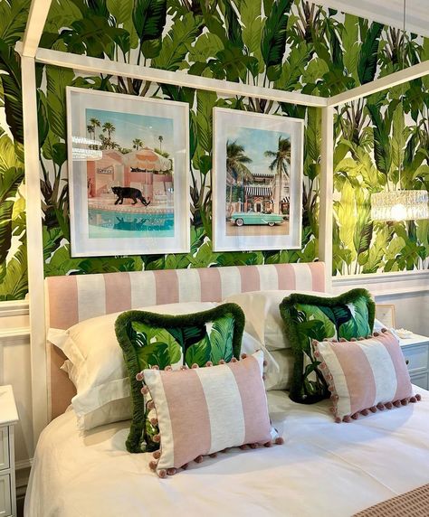 A Room Tour: Amanda Holden's Tropical Paradise – Woodchip & Magnolia Tropical Hotel Bedroom, Beverly Hills Hotel Bedroom, Mobile Bookstore, Beverly Hills Hotel Wallpaper, Pink Linen Fabric, Blush Pink Wallpaper, Magnolia Wallpaper, Banana Leaf Wallpaper, Daughter Bedroom