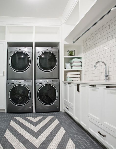 Laundry Room With Multiple Machines, Double Stacked Washer Dryer Laundry Room, Dual Washer And Dryer Laundry Room, Double Washing Machine Laundry Room, Laundry Room With 2 Washers And Dryers, Double Stacked Washer And Dryer, Double Laundry Room, Large Laundry Room Design, Large Laundry Room Ideas