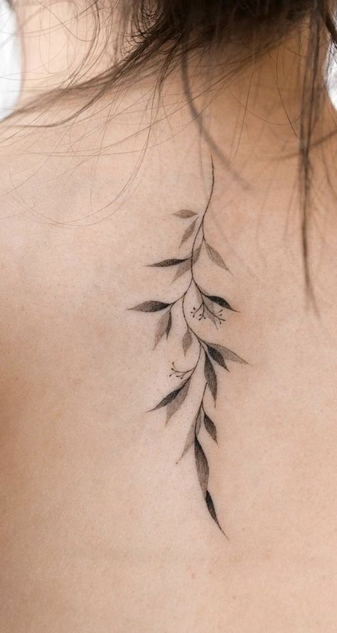 Daphne Laurel Tree Tattoo, Poison Ivy Spine Tattoo, Botanical Back Tattoo Women, Willow Vine Tattoo, Dogwood Tattoos For Women, Weeping Willow Branch Tattoo, Dainty Leaf Tattoo, Willow Tree Leaves Tattoo, Olive Tree Tattoo For Women