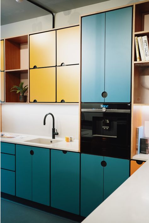 This colourful kitchen is in our Wood & Wire showroom in Hebden Bridge. Made from Valchromat, a sustainable material which has a huge selection of colours, we opted for blue and yellow cabinets here. Desain Pantry Dapur, Estilo Kitsch, Plywood Kitchen, Desain Pantry, Kitchen Manufacturers, Kitchen Concepts, Yellow Kitchen, Kitchen Plans, Bespoke Kitchens