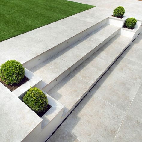 Elevated Yard Landscaping, Front Yard With Stairs Landscaping Ideas, Steps To Pool Area, Concrete Patio Ideas With Pool, Shrubhub Before And After, Geometric Garden Design, Backyard Garage And Patio, Concrete Patio Stairs, Minimalist Backyard Landscaping Design