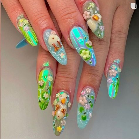 Duck Flower, Duck Nail, Nail Spring, Duck Nails, Airbrush Nails, Baby Duck, Animal Nails, Really Cute Nails, Flower Nail