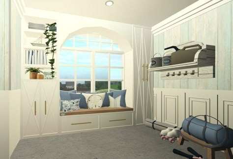 Costal Bloxburg House Exterior 1 Story, Bloxburg House Window Ideas, Coastal Garage Interior, Bloxburg Window Seat Ideas, Coastal Grandmother Bloxburg House, Bloxburg Bay Window Ideas, Coastal Mudroom Bloxburg, Bloxburg Windows Ideas, Bloxburg Coastal House Ideas Exterior