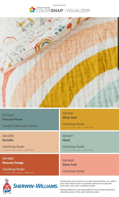 Sherwin Williams Bright Color Palette, Yellow Nursery Color Palette, Colorful Bedroom Palette, Marigold Nursery Color Schemes, Sherwin Williams Boho Color Palette, Sherwin Williams Playroom Colors, Boho Rainbow Paint Colors, Sherwin Williams Rainbow Colors, Coral Playroom