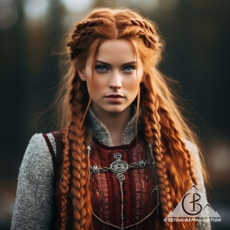 Redhead Viking Women, Huntress Hairstyles, Viking Warrior Woman Hair, Viking Red Hair, Redhead Princess, Medieval Outfit, Scottish Women, Medieval Hairstyles, Viking Braids