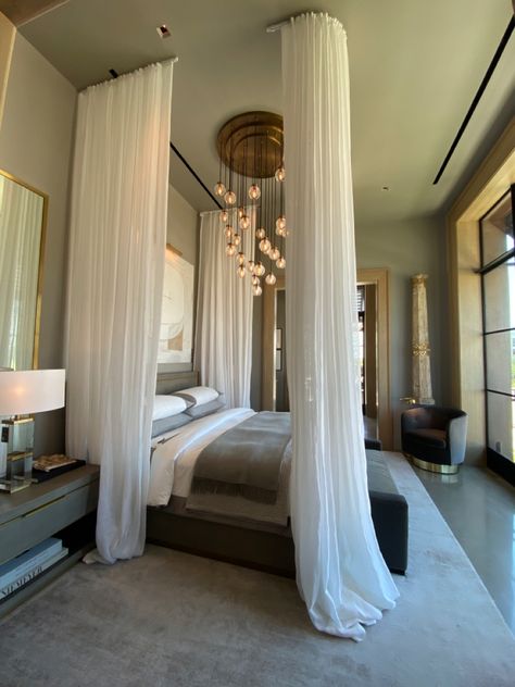 Master Bed Canopy, Tufted Canopy Bed, Dreamy Canopy Bed, Modern Bed Canopy, Curtains Around Bed Diy, Curtain Bed Frame, Canopy Ceiling Draping Bedroom, Canopy Bed High Ceiling, Bedroom With Curtains Around Bed