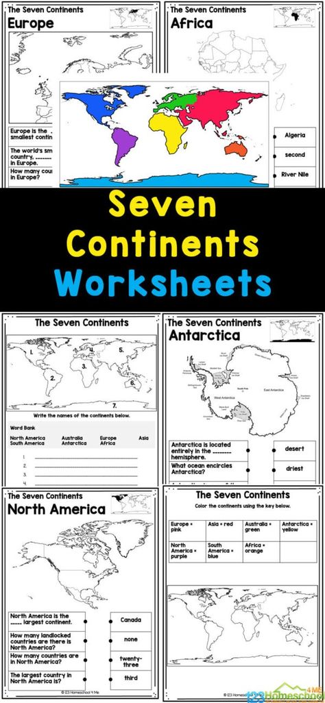 This pack of 7 Continents Printable pages is a great way to work on geography skills. Students will have fun learning about the seven major continents with these free continents and oceans worksheet pdf. Use these maps as part of social studies unit, stand-alond review, or extra pracitce with kindergarten, first grade, 2nd grade, 3rd grade, 4th grade, 5th grade, and 6th grade elementary students. 2nd Grade Geography Activities, Maps And Globes Third Grade, 123 Homeschool 4 Me Free Printable, Map Skills Worksheets 3rd Grade, 2nd Grade Social Studies Lessons, Third Grade Social Studies Activities, Social Studies For 3rd Grade, 1st Grade Social Studies Worksheets Free Printable, Social Studies Curriculum Elementary