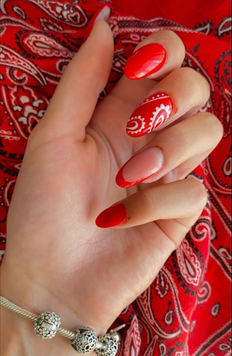 Red Boho Nails, Red Country Nails, Cowboy Boot Nails, Red Bandana Nails, Chilli Nails, Red Summer Nails Designs, Cowboy Nails Design, Red Western Nails, Rodeo Nails Designs