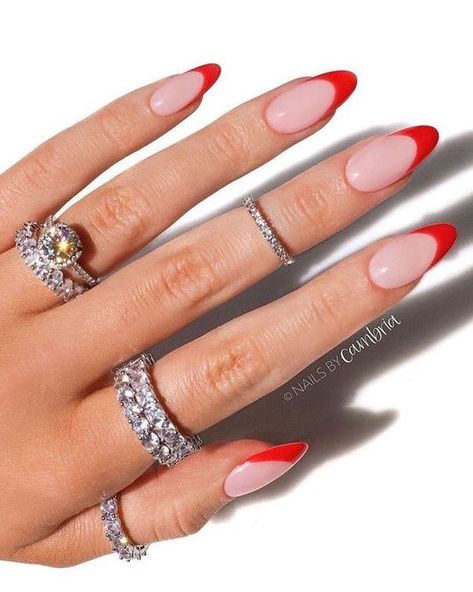 Oval Nails With Red Tips, Red Nails Acrylic Almond French Tip, Red Tips Almond Shape, Elegant Almond Nails Classy Red, Almond Shaped Red French Tip Nails, Red French Tip Nails Almond Design, Red Almond Tips, Red Tip Almond Shaped Nails, Almond Shape Red French Tip