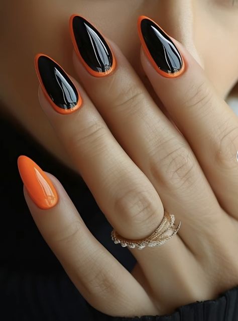 Orange With Black Tip Nails, Black Snd Orange Nails, Black And Orange Chrome Nails, Matte Black And Orange Nails, Orange Nails With Black Tips, Black And Red Nail Designs Acrylics, Black Nails With Orange Tips, Black Nails With Orange, Orange And Black Nails Acrylic