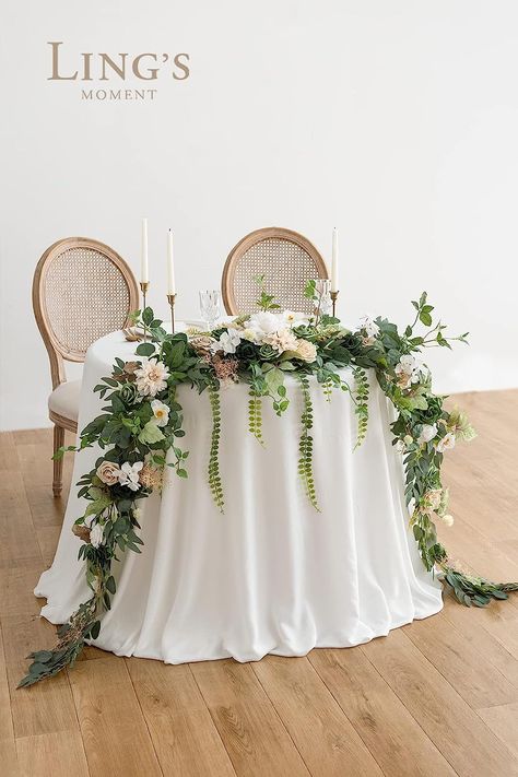 9ft emerald and tawny beige sweetheart table garland Sweetheart Table Wedding Backdrop, Sweetheart Table Garland, Boho Sweetheart Table, Sweetheart Table Centerpiece, Sweetheart Table Backdrop, Sweetheart Table Flowers, Garland For Wedding, Grooms Table, Artificial Eucalyptus Garland