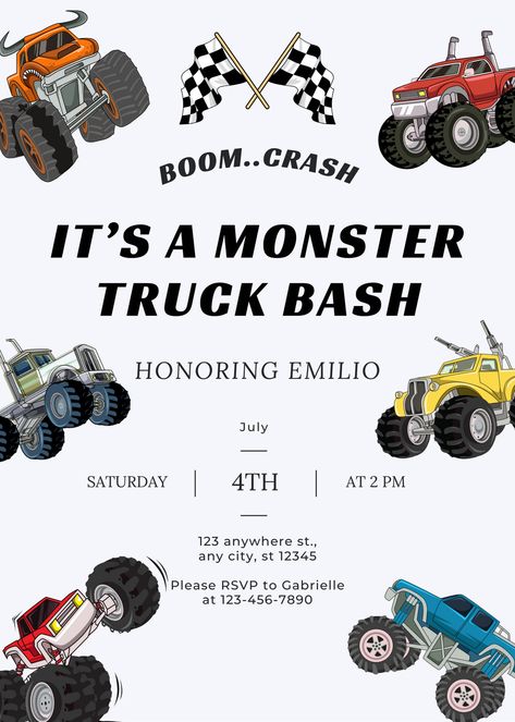 Monster Truck Bash, Monster Truck Invitation, Bday invite, Kids Party, Trucks Invite, Digital Template, Digital Upload, Instant Upload Monster Truck Invite Template, Monster Jam Birthday Invitations, Three Year Old Birthday Party Boy Themes, Monster Truck 3rd Birthday Party, Monster Truck Birthday Invitations, Monster Truck Birthday Party Ideas, Monster Truck Birthday Party, Monster Jam Birthday, Monster Truck Theme