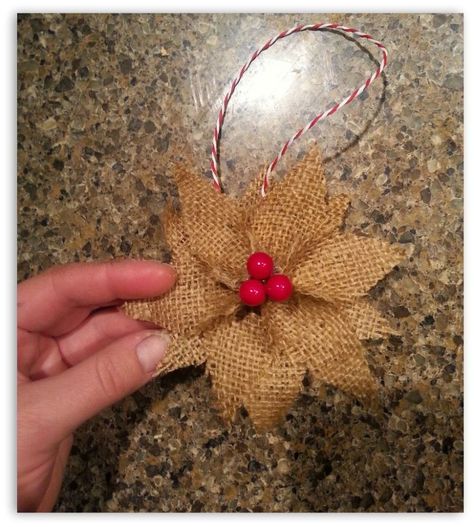 how to make burlap poinsettia christmas ornaments, christmas decorations, crafts, seasonal holiday decor Burlap Poinsettia, Burlap Christmas Ornaments, Ornaments Homemade, Burlap Crafts, Burlap Christmas, Holly Berry, Rustic Christmas Tree, Christmas Ornaments Homemade, Primitive Christmas