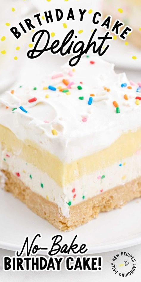 Birthday Cake Delight Funfetti Cake Desserts, Best Easy Birthday Cake Recipes, Vanilla Lush Cake, Quick Easy Birthday Desserts, Birthday Cake Cheesecake Bars, Vanilla Cake Dessert Ideas, Birthday Cake Delight Recipe, Birthday Cake With Whipped Frosting, Easy Cake Auction Cakes