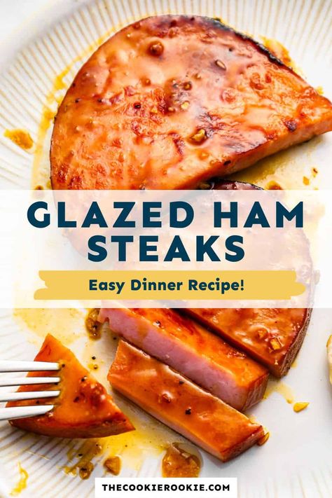 These delicious Glazed Ham Steaks will be ready in just 20 minutes, making them the quickest and easiest holiday dinner! A sweet tangy glaze made with brown sugar, honey, mustard, and a couple other ingredients caramelizes on top of juicy ham steaks as they cook in a skillet. Thick Ham Steak Recipes, Honey Glazed Ham Steak, Honey Mustard Glazed Ham, Ham Steak Glaze Recipe Easy, How To Cook Ham Steak In Skillet, Steak Ham Recipes, Ham Steak Marinade, Canned Ham Recipes Baked, Maple Glazed Ham Steak