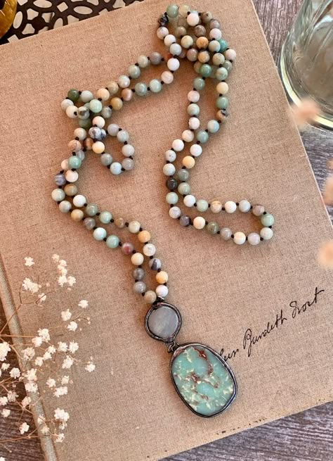 50 Long Hand Knotted Amazonite Stone Beads Necklace Pendant Woman Jewelry Gift - Etsy Sundance Style Jewelry, Stone Beads Necklace, Collar Hippie, Stone Bead Jewelry, Amazonite Jewelry, Diy Jewelry Necklace, Woman Jewelry, Amazonite Stone, Basic Jewelry