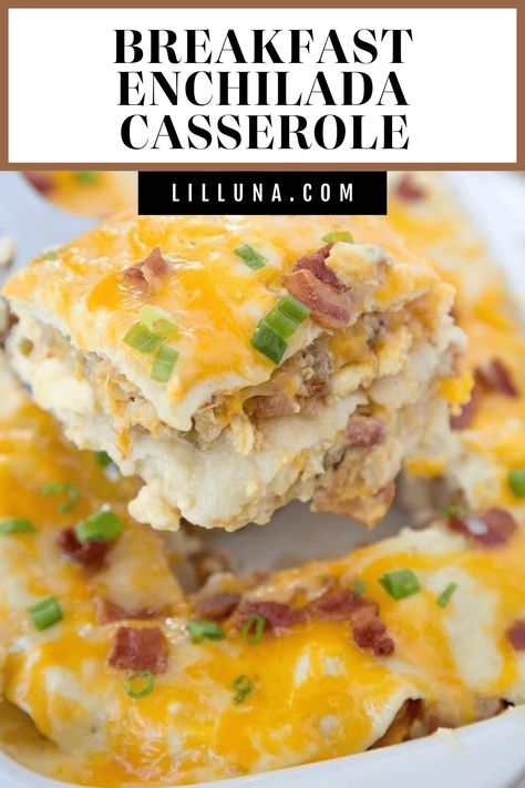 Everything you love about enchiladas and breakfast casseroles in one recipe! Layers of corn tortillas, eggs, sausage, bacon, green chili sauce, sour cream, and lots of cheese! #enchiladas #casserole #breakfast #breakfastcassserole #casserolerecipes Cheese Enchiladas Casserole, Breakfast Enchilada Casserole, Breakfast Enchiladas Casserole, Enchiladas Casserole, Breakfast Tortilla, Casserole Breakfast, Tortilla Casserole, Green Chili Sauce, Chorizo And Eggs