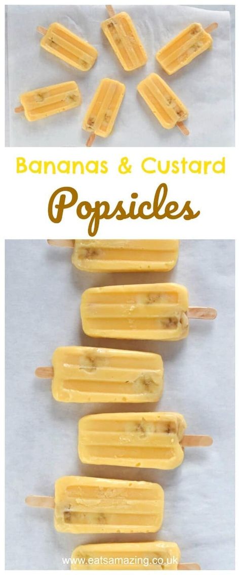 Bananas & Custard Ice Lollies Liquor Popsicles, Home Made Popsicles Healthy, Popsicles Diy, Homemade Popsicles Healthy, Popsicle Molds Diy, Diy Cereal, Ice Lolly Recipes, Gourmet Popsicles, Peach Popsicles