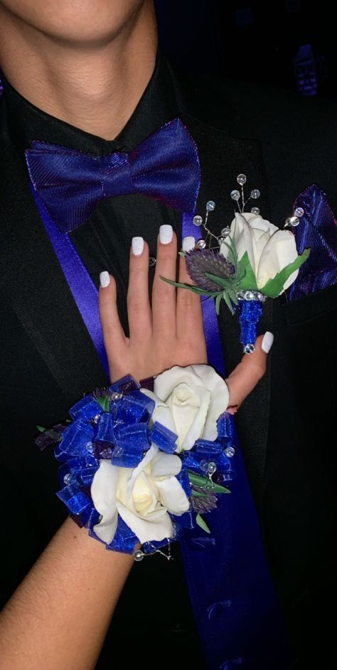 Royal Blue Tux Prom, Royal Blue Prom Looks Couple, Royal Blue And Black Corsage And Boutonniere, Black Suit Royal Blue Tie, Blue Suits For Prom, Royal Blue Tuxedo For Men Prom, Black And Blue Corsage, Black Tux With Royal Blue, Black And Blue Prom Suit