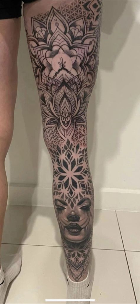 Womens Back Of Leg Tattoo, Calf Mandala Tattoos For Women, Front Of Shin Tattoos For Women, Back Of Thigh Mandala Tattoo, Mandela Leg Sleeve, Geometric Leg Sleeve Women, Mandala Leg Sleeve Women, Full Leg Tattoo Female Black, Shin Tattoos For Women Mandala