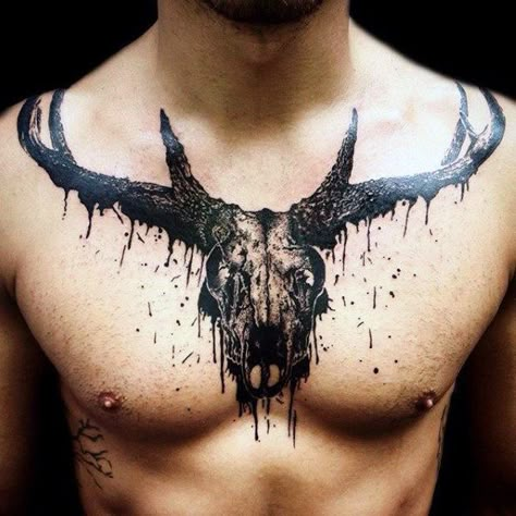 Mens Deer Skull Tattoos On Chest In Black Ink Horns Tattoo, Antler Tattoos, Outdoor Tattoo, Antler Tattoo, Deer Skull Tattoos, Tattoos Masculinas, Stag Tattoo, Hunting Tattoos, Deer Tattoo