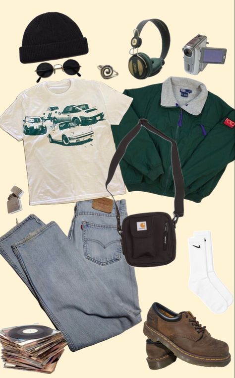 Indie style #fashion #outfits #outfitideas #drmartensoutfit #indie Guy Indie Outfit, Indie Band Outfits Men, Indie Outfits School, Retro Outfits Male, Male 90s Outfits, Outfit Mood Board Men, Early 90s Mens Fashion, Indie Rock Aesthetic Outfits Men, Indie Skater Boy Outfits