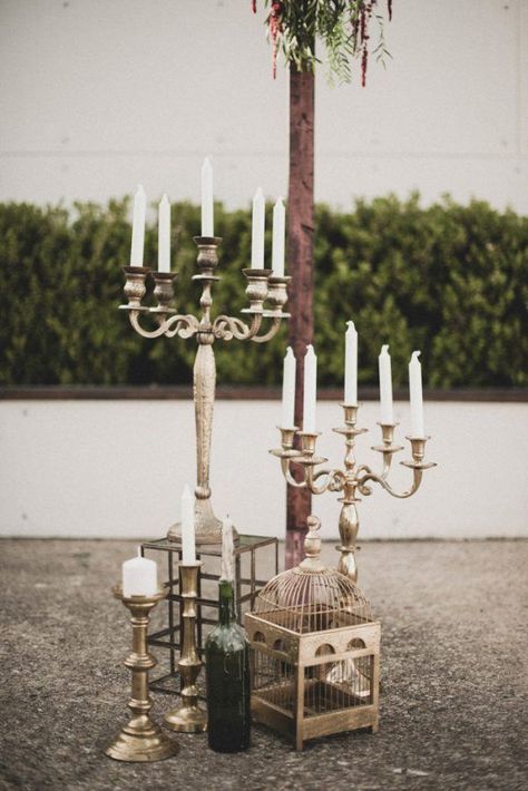 Candelabras add a touch of drama the larger and more beautifully decorated the better | image by a sea of love Wax Image, Gold Candlesticks, Whiskey Wedding, Candelabra Wedding, Sea Of Love, 1960s Wedding, Edgy Wedding, Gala Ideas, Gold Candle Sticks