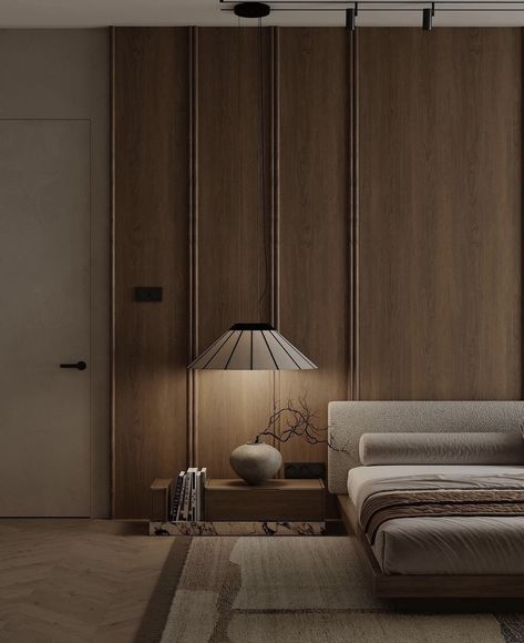 Wooden Wall In Bedroom, Japandi Wall Panelling, Modern Bedroom Panelling, Minimalist Bedroom Dark Wood, Minimalist Wooden Bedroom, Bedroom With Living Room Area, Modern Minimalist Bedroom Ideas, Bedroom Wooden Wall, Modern Wood Ceiling