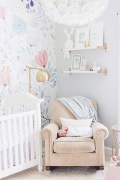 baby girl nursery ideas (12) Turquoise And Pink Nursery, Gold Floor Lamp Nursery, Girly Wallpaper Bedroom, Dusty Pink And Sage Green Nursery, Nursery Lamps Girl, Floor Lamp For Nursery, Baby Girl Nursery Pink And Blue, Vintage Glam Nursery, Lamp In Nursery