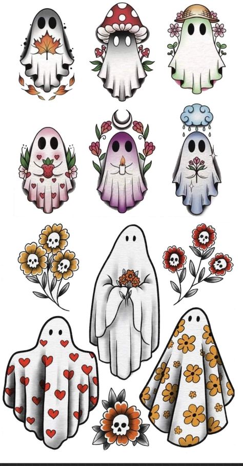 Spooky Drawings Ideas, 3 Ghosts Tattoo, Quilt Ghost Tattoo, Boho Ghost Tattoo, Ghosts Tattoo Ideas, American Traditional Ghost Tattoo, Halloween Flash Tattoo Ideas, Floral Ghost Tattoo, Cottagecore Ghost Tattoo