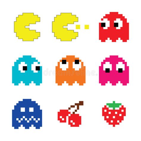 Pacman and ghosts 80's computer game icons set. Vector colour icons set of pixel , #SPONSORED, #computer, #game, #icons, #Pacman, #ghosts #ad Pixel Pacman, 80s Computer, Pacman Game, Pacman Ghost, Typo Logo Design, Guitar Illustration, 80's Party, Game Icons, Crochet Filet