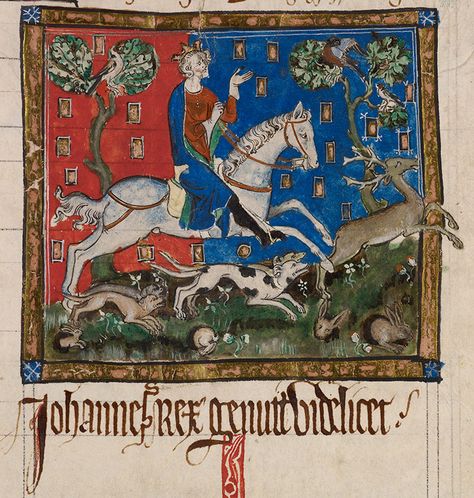 King John on a stag hunt. King John, Magna Carta, Medieval Manuscript, British Library, Medieval Art, Illuminated Manuscript, 14th Century, Middle Ages, Art Fair