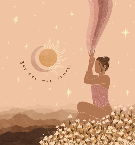 Yoga Tips 🧘‍♀️🧘‍♂️ Yoga Fun on Instagram: “Love this so much ❤️⠀⠀⠀⠀⠀⠀⠀⠀�⠀ Thanks for sharing @ximen.art⠀⠀⠀⠀⠀⠀⠀⠀⠀ -⠀⠀⠀⠀⠀⠀⠀⠀⠀ This is my simple religion. There is no need for temples;…” Affirmation Illustration, Mysterious Art, Celestial Goddess, Arte Yoga, Yoga Illustration, Les Chakras, Yoga Art, Yoga Photography, Art Et Illustration