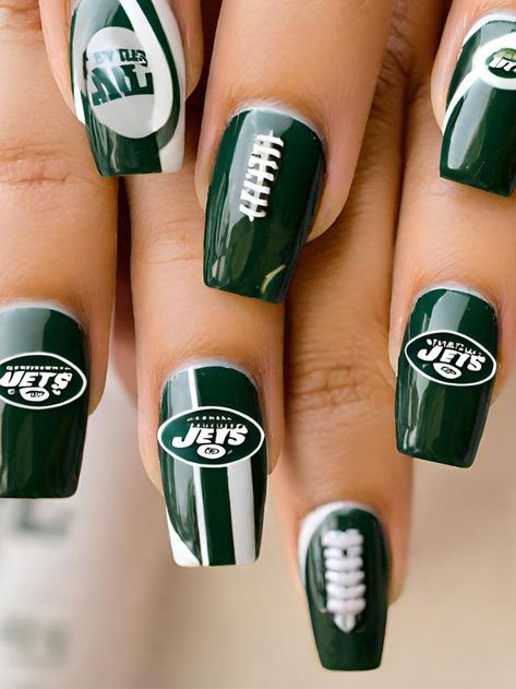 Check out these New York Jets nails designs for football season! Ny Jets Nails, Jets Football, Ny Jets, Football Themes, Nails Designs, New York Jets, Football Season, Nail Design, Nail Ideas