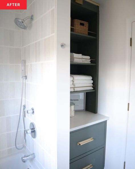 After: a white shower with a shelving unit on the other side of the wall 1980s Bathroom, Tan Bathroom, Bathroom Linen Closet, Deep Closet, Boy Bath, Old Bathroom, Built In Cabinet, Bathroom Closet, Brown Bathroom