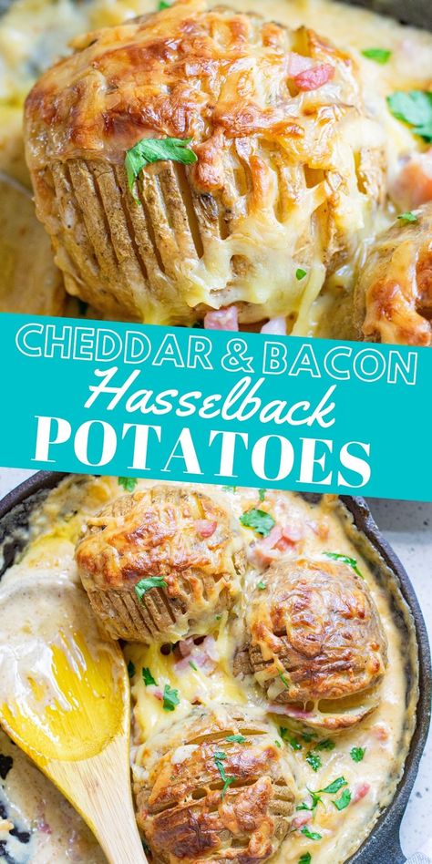 Creamy Cheddar and Bacon Hasselback Potato Gratin Recipe - side dishes #sidedishes Cheesy Hasselback Potatoes, Cheesy Baked Potatoes, Creamy Potato Bake, Potatoes Loaded, Potato Gratin Recipe, Baked Potato Slices, Cheesy Potatoes Recipe, Hasselback Potatoes, Potato Gratin