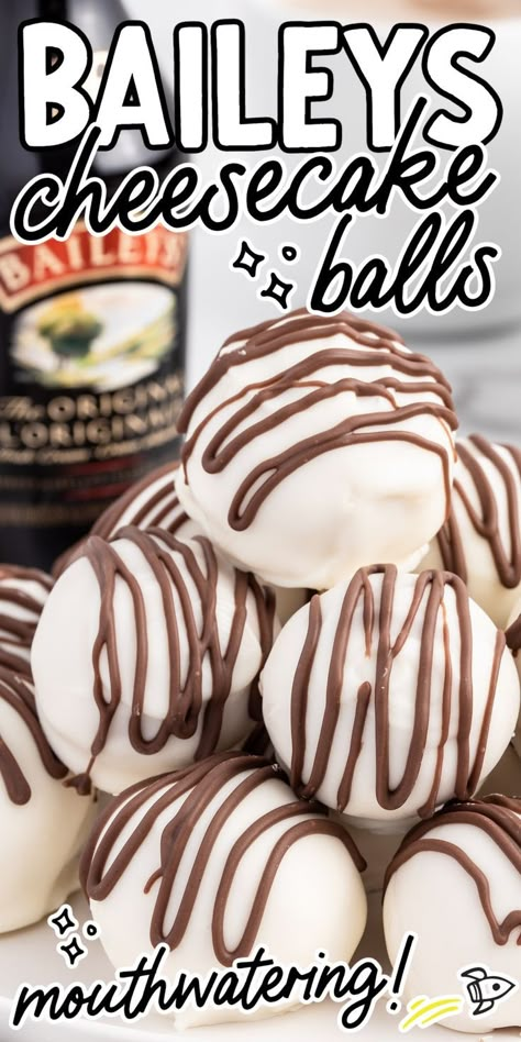 Baileys Cheesecake Balls Kahlua Cheesecake Balls, Baileys Rum Balls, Alcohol Infused Truffles, Bailey Balls Recipe, Boozy Baileys Mini Cheesecakes, Desserts For Cocktail Party, Good Finger Food Desserts, Food With Alcohol In It Recipes, Baileys Deserts Recipes