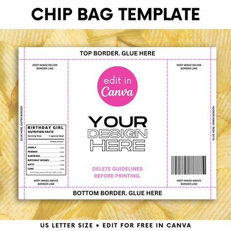 "Are you looking for the ultimate party favor solution? Look no further than our chip bag template for Canva. With this versatile and customizable template, you can easily create unique and eye-catching chip bag labels. Whether it's a birthday party or any special occasion, this unique party favor has got you covered. The best part is, our chip bag template is fully editable, so you can add your personal touch and create a custom chip bag that will impress your guests. Don't miss out on this mus Chip Bag Diy, Chip Bag Printable, Custom Chip Bags, Chips Bags, Chip Bag Template, Bag Template, Unique Party Favors, New Grandparents, Potato Chip