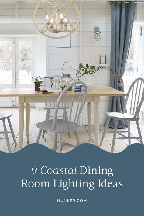 Today, we're sharing how to bring seaside-inspired design to your dinner table with our favorite coastal dining room lighting ideas. Whether you're shopping for an eat-in kitchen nook or a bonafide dining table, we've got you covered. #hunkerhome #diningroom #coastaldiningroom #coastaldiningroomideas #coastaldecor Coastal Dining Room Lighting, Beachy Dining Room, Coastal Dining Room Ideas, Dining Table Light Fixture, Coastal Dining Table, Dining Room Lighting Ideas, Room Lighting Ideas, Coastal Dining Room, Beach Inspired Decor