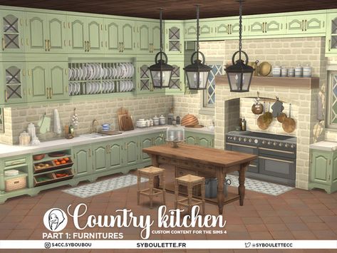 Double Oven Stove, Country Kitchen Sink, Table Island, Sims 4 Kitchen, Plate Shelves, Vegetable Crates, Country Kitchen Cabinets, Kitchen Clutter, Kitchen Plate