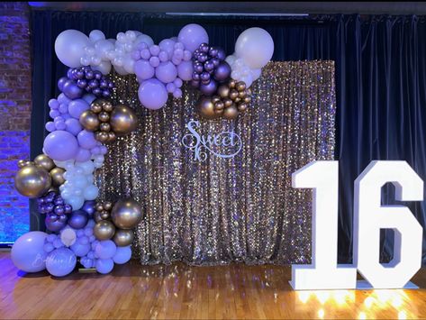 Sweet 16 balloon decor! Purple, white and gold balloons!🎈✨ Purple Black And Gold Sweet 16, Purple Gold Sweet 16, 16 Birthday Party Ideas Purple And Silver, Purple And Yellow Sweet 16, Royal Purple Sweet 16, Purple Candy Table Ideas, Dark Purple Sweet 16 Decorations, Sweet 16 Purple And Blue Theme, Purple And Gold Theme Party