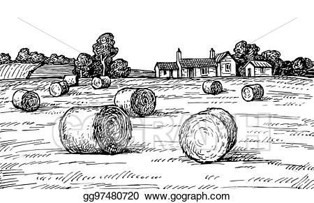 Vector Illustration - Field with haystacks. EPS Clipart gg97480720 - GoGraph Creating A Bullet Journal, Drawing Examples, Landscape Sketch, Countryside Landscape, Engraving Illustration, Wheat Field, Hay Bales, Rural Landscape, Black And White Drawing