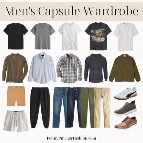 Mens Time Capsule Wardrobe, Men Italy Outfit Fall, Travel Outfit For Men Casual, Men’s Wardrobe Capsule, Staple Wardrobe Pieces Men, Men’s Spring Capsule Wardrobe, Mens Travel Capsule Wardrobe Europe, Mens Capsule Wardrobe Summer Travel, Outfits For Men In Their 30s