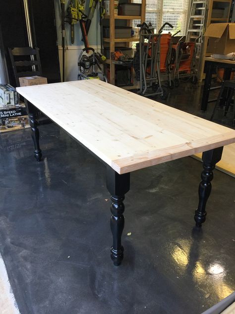 Table Top Ideas Kitchen & Dining Tables, New Dining Table Top Diy, Farmhouse Table Turned Legs Diy, Diy New Table Top, New Table Top Over Old, Building A Table Top, Black Leg Dining Table, Table Black Legs Wood Top, Diy Table Top Redo