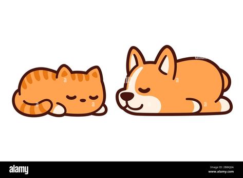 Download this stock vector: Cute cartoon corgi puppy and ginger kitten sleeping together. Adorable sleeping cat and dog drawing, vector illustration. - 2B8KJ6A from Alamy's library of millions of high resolution stock photos, illustrations and vectors. Cartoon Dog Drawing, Cartoon Corgi, Cat And Dog Drawing, Kitten Sleeping, Cute Cat Sleeping, Sleeping Drawing, Corgi Drawing, Cute Dog Cartoon, Sleeping Together