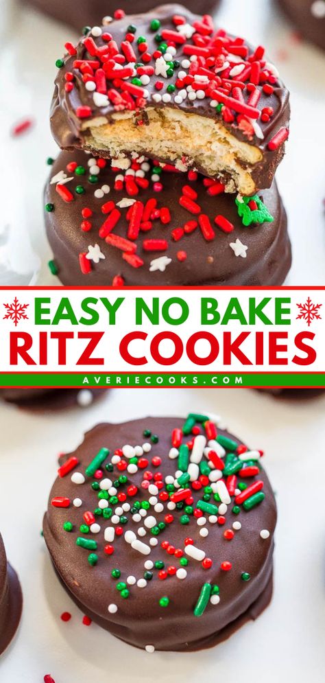 Need a sweet treat for holiday exchanges? Here's a no-bake Christmas cookie recipe! Sandwiched with a peanut butter-marshmallow filling, these chocolate-covered Ritz cookies are amazing. Put these Chocolate Peanut Butter Stacks on your Christmas dessert ideas! Chocolate Peanut Butter Stacks, Ritz Peanut Butter Chocolate Cookies, Christmas Treats Crockpot, Nanaimo Bar Cookies, Holiday Treats To Make With Kids, Christmas Turtles Candy, Brownie Decorating Ideas Christmas, Christmas Baking For Neighbors, Easy Holiday Snacks For Kids