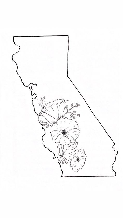 State outline with state flower #easydrawing #california #poppy California Drawing Ideas, State Outline Tattoo, State Tattoo Ideas, California Tattoos, Arizona State Outline Tattoo, California State Tattoos, California Poppy Tattoo Black And White, California Poppy Drawing, California Poppy Line Art