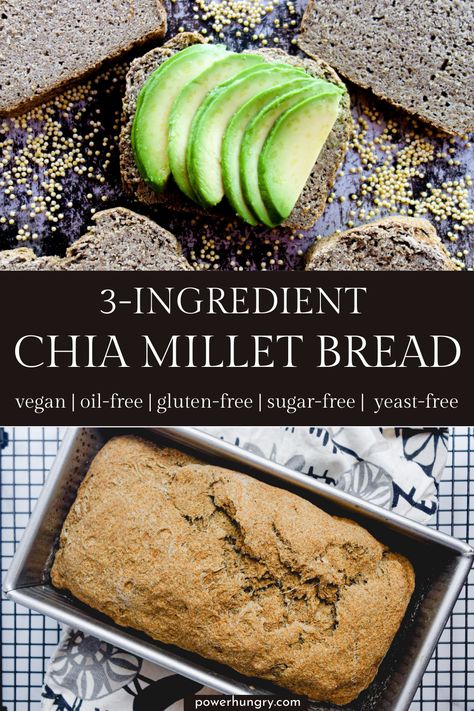 2 photos f chia millet bread, one with a whole loaf, one with slices of bread Raw Vegetables Recipes, Millet Bread, Gluten Free Vegan Bread, Fermented Bread, Gluten Free Yeast Free, Pan Sin Gluten, Plantbased Recipes, Millet Recipes, Wfpb Recipes