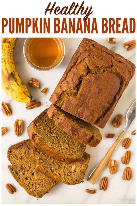 Healthy Pumpkin Banana Bread! SO moist, tender, and delicious! Whole wheat and made with yogurt and honey, this easy one bowl recipe is delicious with chocolate chips, nuts, or any of your favorite mix-ins. #wellplated #pumpkin #healthy #breakfast #easy #pumpkinbread #bananabread Healthy Pumpkin Banana Bread, Pumpkin Healthy, Pumpkin Banana Bread Recipe, Well Plated, Pumpkin Banana Bread, Breakfast Easy, Pumpkin Banana, Healthy Banana Bread, Healthy Pumpkin