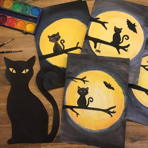 Halloween Preschool Art Projects, Halloween Decorations School Classroom, Fall Art Elementary School, Halloween Art Project For Kindergarten, Halloween Art 3rd Grade, Halloween Cat Craft, Halloween Art Lessons Elementary, Grade 2 Halloween Art, Halloween Art Grade 1 And 2